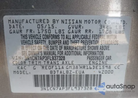 2015 Nissan Versa 1.6 Sv from USA, damaged, VIN 3N1CN7AP3FL937328